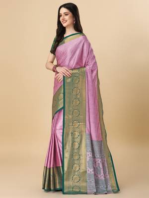 Peach blue self jacqurd cotton silk dharmavarm saree with blouse 3