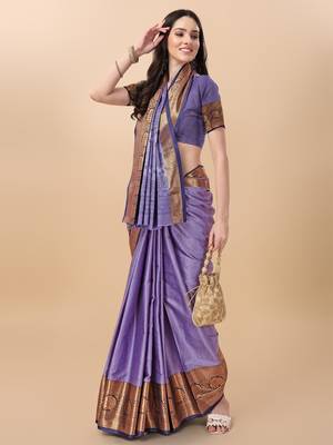 Purple blue self jacqurd cotton silk dharmavarm saree with blouse 1