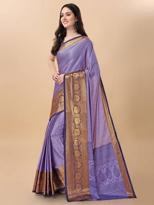 Purple blue self jacqurd cotton silk dharmavarm saree with blouse 3