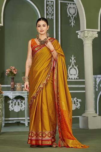 Gold Heavy Jacqurd Work Pure Soft Silk Weddingwear Saree With Blouse