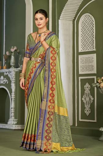 Olive Heavy Jacqurd Work Pure Soft Silk Weddingwear Saree With Blouse