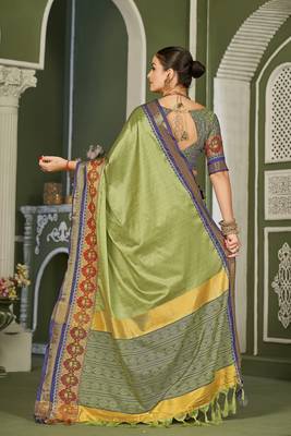 Olive Heavy Jacqurd Work Pure Soft Silk Weddingwear Saree With Blouse 2