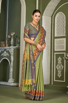 Olive Heavy Jacqurd Work Pure Soft Silk Weddingwear Saree With Blouse 3