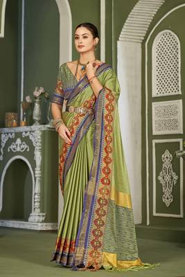 Olive Heavy Jacqurd Work Pure Soft Silk Weddingwear Saree With Blouse 4
