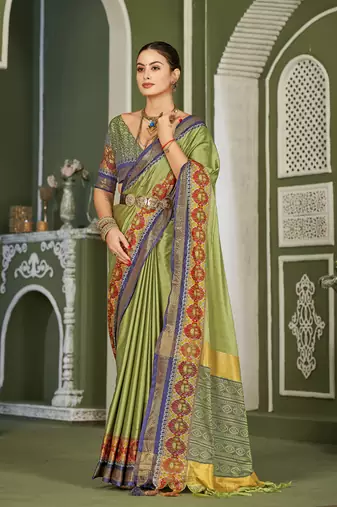 Olive Heavy Jacqurd Work Pure Soft Silk Weddingwear Saree With Blouse