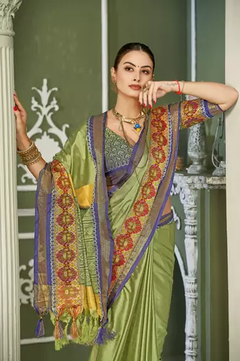 Olive Heavy Jacqurd Work Pure Soft Silk Weddingwear Saree With Blouse
