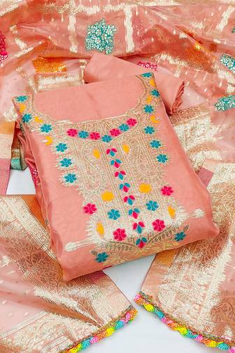 Peach Organza Banarasi Dress Material With Inner
