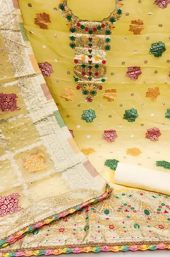 Yellow Organza Banarasi Dress Material With Inner