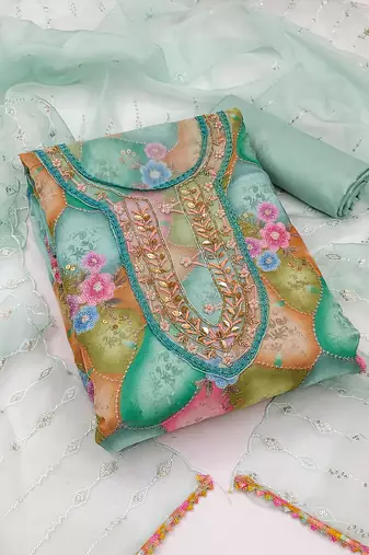 Mint Green Organza Dress Material With Inner