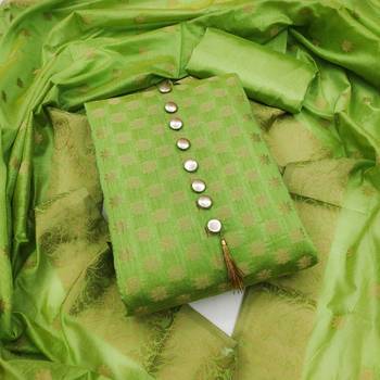Green color banarasi unstitched dress material 1