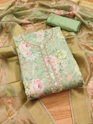 Green chanderi jequard butti with hand work unstitched dress material 1