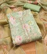 Green chanderi jequard butti with hand work unstitched dress material