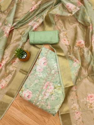 Green chanderi jequard butti with hand work unstitched dress material 2