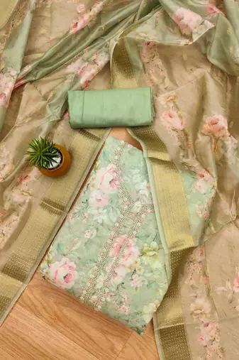 Green chanderi jequard butti with hand work unstitched dress material