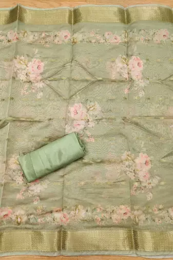 Green chanderi jequard butti with hand work unstitched dress material