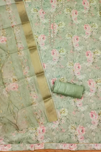 Green chanderi jequard butti with hand work unstitched dress material