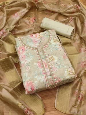 Beige chanderi jequard butti with hand work unstitched dress material 1