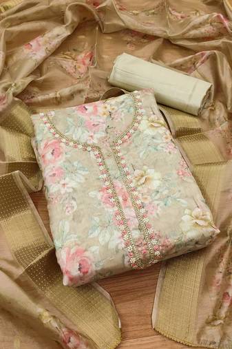 Beige chanderi jequard butti with hand work unstitched dress material