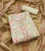 Beige chanderi jequard butti with hand work unstitched dress material