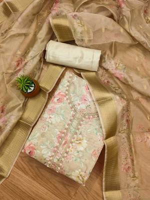 Beige chanderi jequard butti with hand work unstitched dress material 2