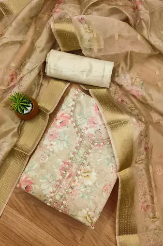 Beige chanderi jequard butti with hand work unstitched dress material