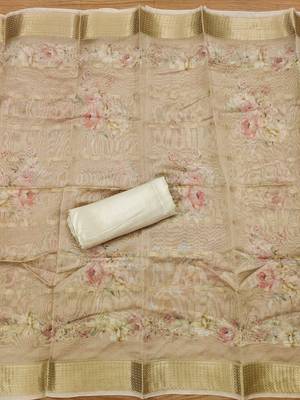 Beige chanderi jequard butti with hand work unstitched dress material 3