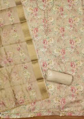 Beige chanderi jequard butti with hand work unstitched dress material 4