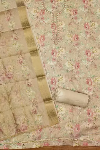 Beige chanderi jequard butti with hand work unstitched dress material