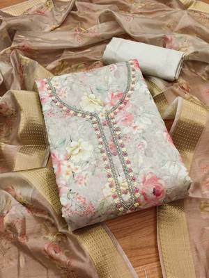 White chanderi jequard butti with  hand work unstitched dress material 1