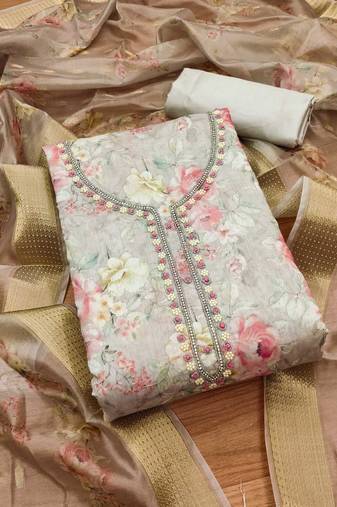 White chanderi jequard butti with  hand work unstitched dress material