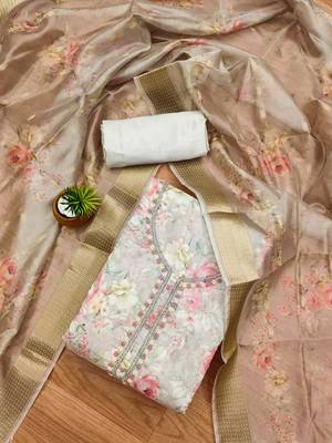 White chanderi jequard butti with  hand work unstitched dress material 2