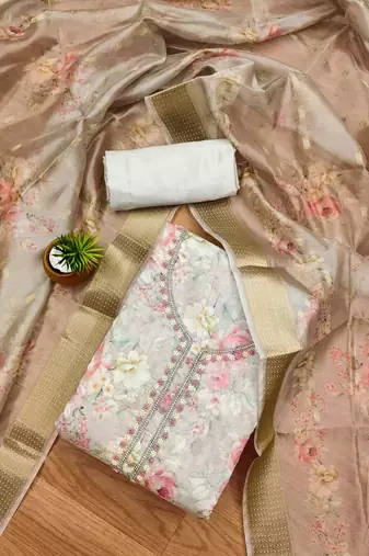 White chanderi jequard butti with  hand work unstitched dress material