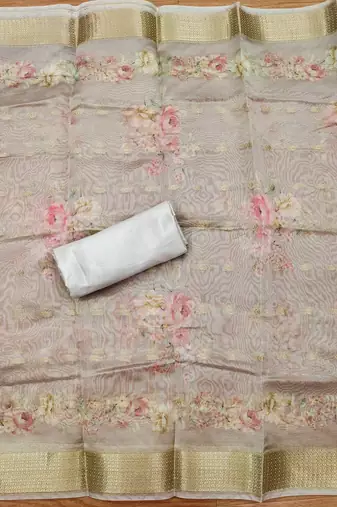 White chanderi jequard butti with  hand work unstitched dress material