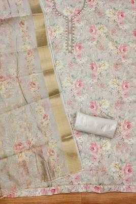 White chanderi jequard butti with  hand work unstitched dress material 4