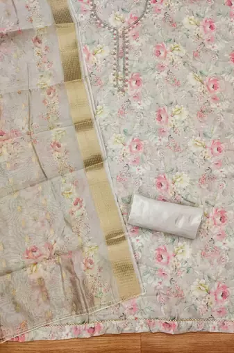 White chanderi jequard butti with  hand work unstitched dress material