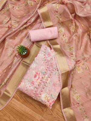 Pink chanderi jequard butti hand work unstitched dress material 1