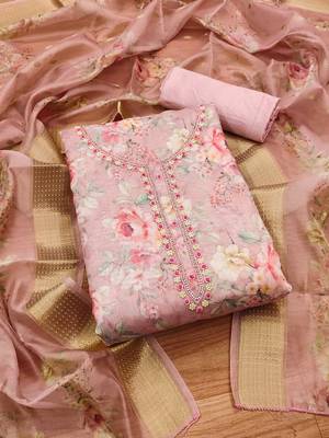 Pink chanderi jequard butti hand work unstitched dress material 2