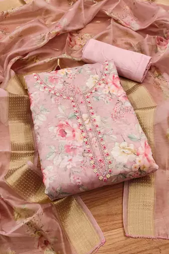 Pink chanderi jequard butti hand work unstitched dress material