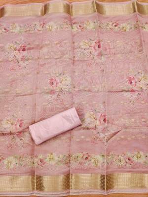 Pink chanderi jequard butti hand work unstitched dress material 3