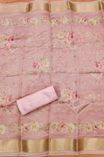Pink chanderi jequard butti hand work unstitched dress material
