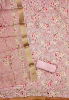 Pink chanderi jequard butti hand work unstitched dress material 4