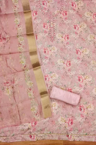 Pink chanderi jequard butti hand work unstitched dress material