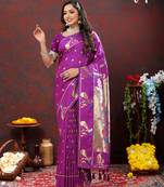 Adorable Violet Soft Paithani Silk Blend Saree With Gold Zari Weaving Motifs And Rich Zari Weaving Pallu