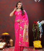 Prettiest Pink Soft Paithani Silk Blend Saree With Gold Zari Weaving Motifs And Rich Zari Weaving Pallu