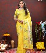 Dashing Yellow Soft Paithani Silk Blend Saree With Gold Zari Weaving Motifs And Rich Zari Weaving Pallu