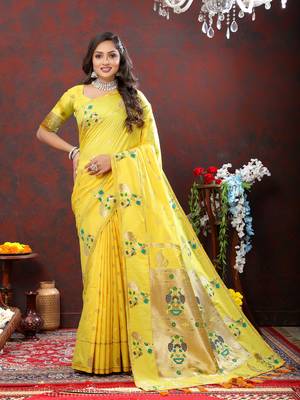 Dashing Yellow Soft Paithani Silk Blend Saree With Gold Zari Weaving Motifs And Rich Zari Weaving Pallu 2