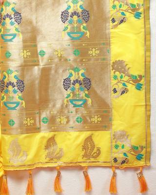 Dashing Yellow Soft Paithani Silk Blend Saree With Gold Zari Weaving Motifs And Rich Zari Weaving Pallu 5