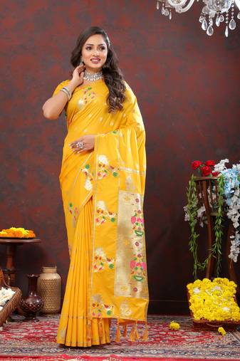 Dashing Yellow Soft Paithani Silk Blend Saree With Gold Zari Weaving Motifs And Rich Zari Weaving Pallu