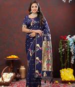 Charming Blue Soft Paithani Silk Blend Saree With Gold Zari Weaving Motifs And Rich Zari Weaving Pallu