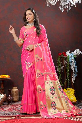 Prettiest Pink Soft Paithani Silk Blend Saree With Gold Zari Weaving Motifs And Rich Zari Weaving Pallu